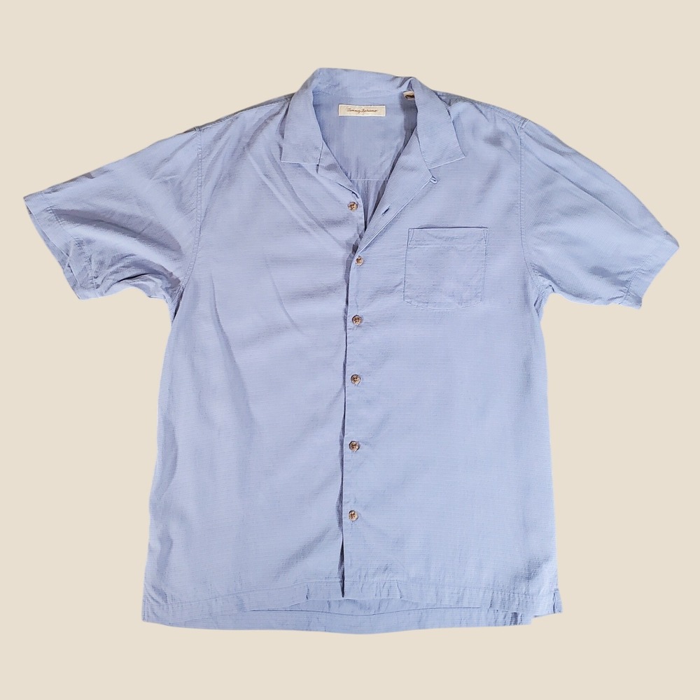 Tommy Bahama Mens Large 100% Silk Short Sleeve Button Down Camp Shirt Blue VTG